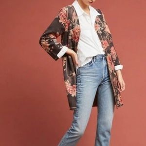 T TAHARI Petite Garden Floral Print Faux Leather Open Drape Coatigan PXS